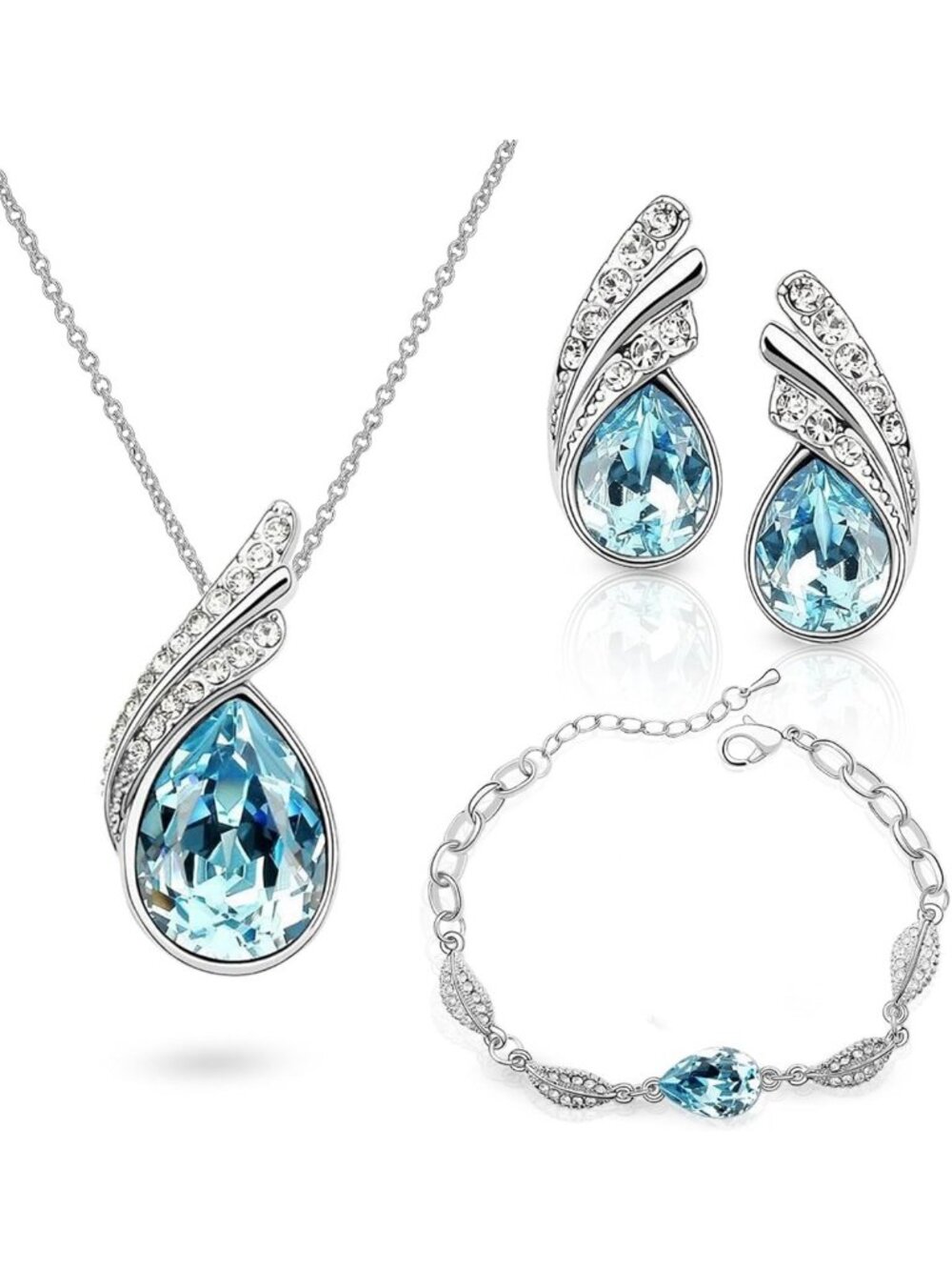 Elegant Blue Simulated Aquamarine Teardrop Crystal Jewelry Set - Necklace